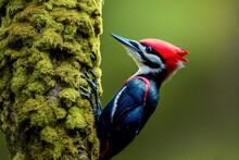 Closeup Portrait Of Beautiful Pileated Woodpecker On Tree