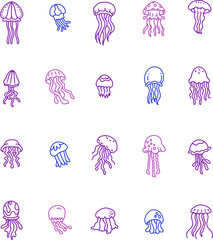 Wall Mural - Jellyfish icon pack, illustration, vector on a white background.