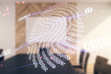 Fototapete - Multi exposure of virtual abstract fingerprint illustration on a modern conference room background, digital access concept