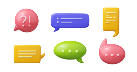 Fototapete - 3d render speech bubbles, isolated communication, chat and question balloons. Dialogue, speak and message boxes, colorful cloud elements on white background, Illustration in cartoon plastic style
