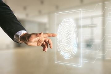 Aufkleber - Double exposure of male hand working with virtual creative fingerprint hologram on blurred office background, protection of personal information concept