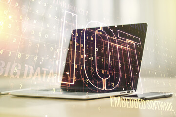 Poster - Creative IOT hologram on modern laptop background, internet of things concept. Multiexposure