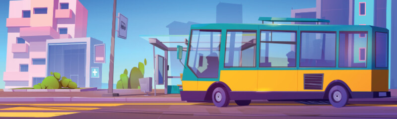 Bus on stop with passengers and driver inside. City street landscape with bus, shelter and bench on public transport station, houses and buildings, car road, vector cartoon illustration