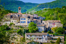View On The Medieval Village Of Coux In Ardeche, South Of France