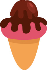 Wall Mural - Pink ice cream with chocolate in cone, illustration, vector on a white background.