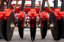 Precision Seeder Discs Close-up For Industrial Design. Modern Modified Agricultural Seeder.