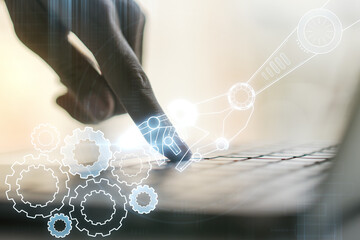 Aufkleber - Double exposure of robotics technology hologram and hands typing on laptop on background. Research and development software concept