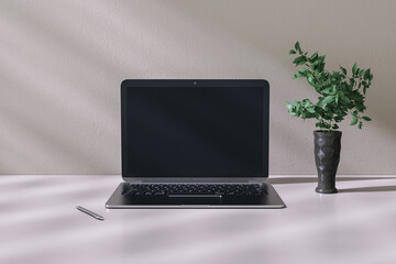Aufkleber - Front view on blank dark modern laptop screen with space for your logo or text in sunlit room area with green plant in dark vase and glossy surface with shades. 3D rendering, mockup