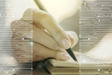 Aufkleber - Creative abstract micro chip hologram and woman hand writing in diary on background, artificial intelligence and machine learning concept. Multi exposure