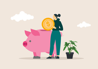 A woman put money coin into piggy for saving money wealth, vector illustration concept.