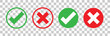 © 24hours - Check mark and X mark icon. Checkmark and x mark icon for apps and websites. Green and red check mark icon on transparent background. Vector illustration