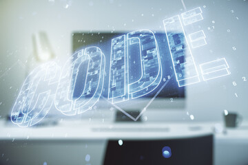 Aufkleber - Creative Code word sign on modern computer background, international software development concept. Multiexposure