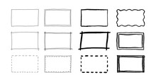 Free Hand Drawn Rectangle Frames Set. Doodle Rectangular Shape. Scribble Pencil Square Text Box. Doodle Highlighting Design Elements. Line Border. Vector Illustration Isolated On White Background.
