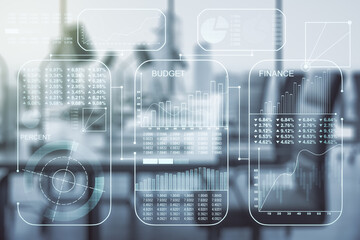 Poster - Multi exposure of abstract virtual graphic data spreadsheet sketch on a modern furnished classroom background, analytics and analysis concept
