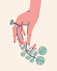 Stylish illustration of a hand with a ring holding a tree branch with berries. Vector design, postcard, print