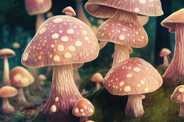 Poster - Amazing cute mushroom house in fairytale fantasy autumn forest. 3D illustration AI generated art. High quality illustration