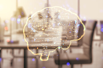 Poster - Virtual creative artificial Intelligence hologram with human brain sketch on a modern furnished office background. Multiexposure