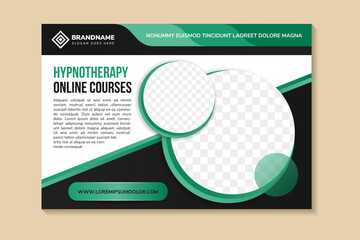 Poster - Horizontal banner template for hypnotherapy online courses. Editable modern flyer with multicolored green circle shape and place for the photo. Usable for social media cover, header, and report.