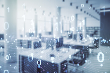 Aufkleber - Abstract virtual binary code illustration on a modern furnished office background. Big data and coding concept. Multiexposure