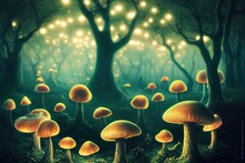 An Enchanted Forest At Night Illuminated By Glowing Mushrooms, Fantasy, Surrealism! 3d Illustration. High Quality Illustration