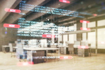 Poster - Multi exposure of abstract programming language hologram on a modern furnished office interior background, artificial intelligence and machine learning concept