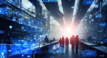 Poster - Group of people meeting in futuristic facility and digital data concept.