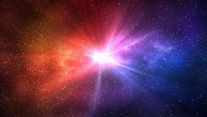 Wall Mural - Burst of light in space. Night starry sky and bright blue red galaxy, horizontal background