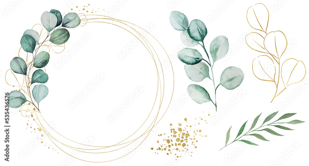 Geometric golden frame made of green watercolor eucalyptus leaves ...