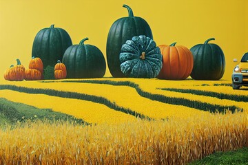 Canvas Print - Car carrying big pumpkin with sunflowers, wheat and corn. Autumn season concept on yellow background 3D Render 3D illustration. High quality illustration