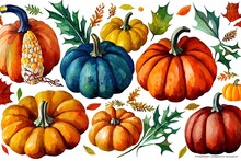Watercolor Festive Autumn Decor Of Colorful Pumpkins, Corn, Chestnuts And Leaves. Concept Of Thanksgiving Day Or Halloween. Botanical Illustration Isolated On White Background.. High Quality