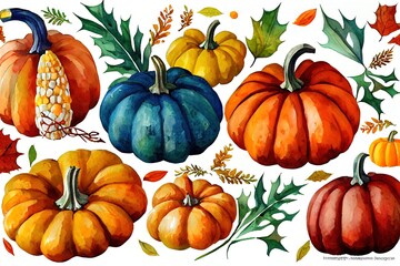 Canvas Print - Watercolor festive autumn decor of colorful pumpkins, corn, chestnuts and leaves. Concept of Thanksgiving day or Halloween. Botanical illustration isolated on white background.. High quality