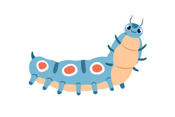 Poster - Cute funny caterpillar. Happy smiling insect with positive emotion, expression. Amusing adorable sweet centipede character. Childish flat vector illustration isolated on white background