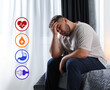 © New Africa - Virtual icons demonstrating different health problems and overweight man on bed at home