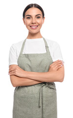 Wall Mural - Young woman in light green apron on white background