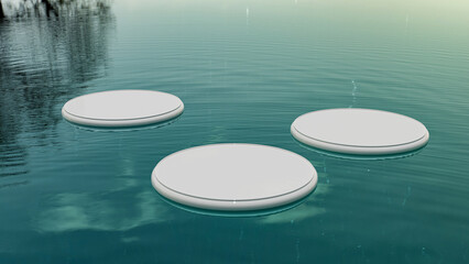Poster - 3D rendering Podium display stand on the water Abstract minimal scene with geometric forms. blue green and white color cylinder  scene.display stand for cosmetic products