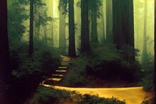 Hiking Trail Going Through Redwood Forest Of Muir Woods National Monument, North San Francisco Bay Area, California. High Quality Illustration