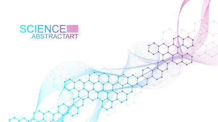 Poster - Modern health care abstract background with lines, dots and hexagons. Medical innovation banner template concept. Wave flow. Vector illustration.
