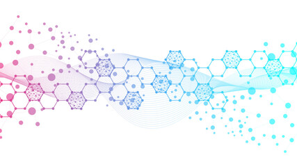 Poster - Modern health care abstract background with lines, dots and hexagons. Medical innovation banner template concept. Wave flow. Vector illustration.