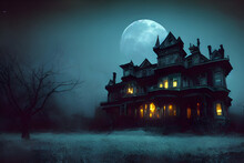 Full Moon Shines Over A Creepy Haunted House. 