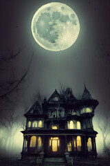 full moon shines over a creepy haunted house.