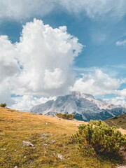 Wall Mural - Beautiful vertical shot of a dry hillside with rocky mountains and fluffy clouds in the background