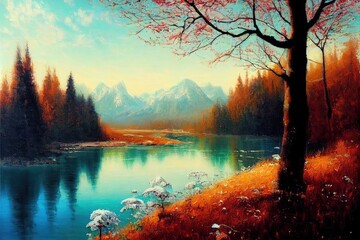 Sticker - Original oil painting of beautifl spring landscape, forest,snow mountains and river on canvas.Modern Impressionism, modernism,marinism. High quality illustration