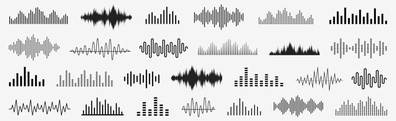 Sound wave set. Sound waves, Equalizer, Audio waves, Radio signal, Music. Recording. Vector illustration