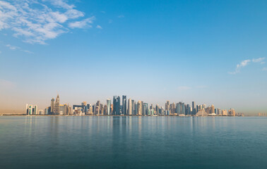 Poster - Long exposure sunrise panorama photo of Abu Dhabi skyline.