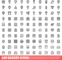 Poster - 100 bakery icons set. Outline illustration of 100 bakery icons vector set isolated on white background