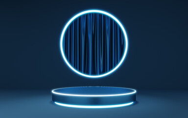 Wall Mural - Blue cylinder pedestal with neon border on glow lighting circle arch, curtain background. Empty modern podium mockup space. Abstract technology dark minimal geometric object. 3d render illustration.