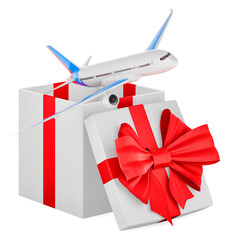 Poster - Plane inside gift box, gift concept. 3D rendering