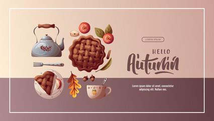 Wall Mural - Autumn promo sale flyer with apple pie, kettle, autumn leaves. Autumn, harvest, thanksgiving day, fall concept. Vector illustration. Banner, flyer, advertising.