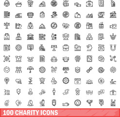 Poster - 100 charity icons set. Outline illustration of 100 charity icons vector set isolated on white background