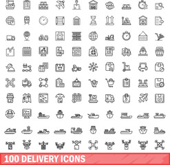 Poster - 100 delivery icons set. Outline illustration of 100 delivery icons vector set isolated on white background